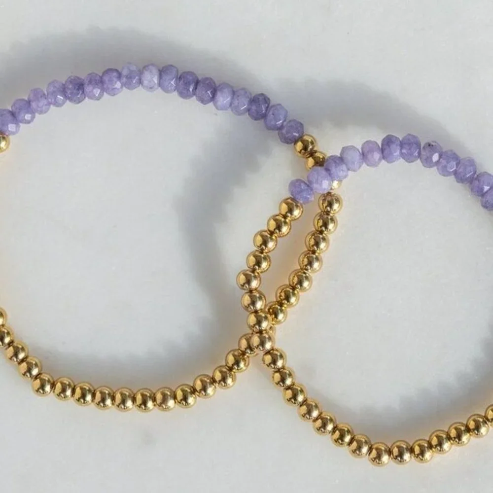 Lavender Stone Stretch Bracelet Waterproof Gold Gemstone Stretch Bracelet Stack
